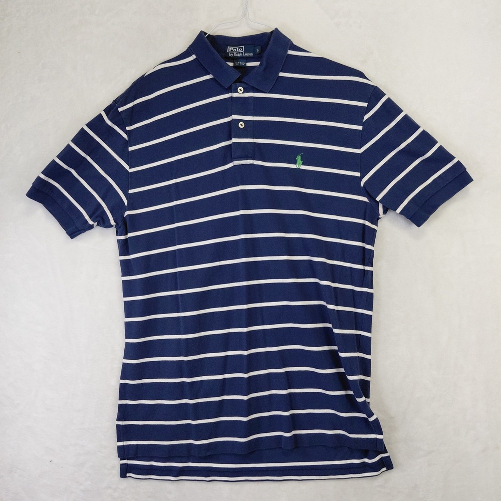 Polo Ralph Lauren Mens Large Navy Blue White Striped Short Sleeve Polo Shirt L